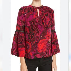 Trina Turk Brinley Bell Sleeve Vibrant Silk Blouse Top S Burgundy Red